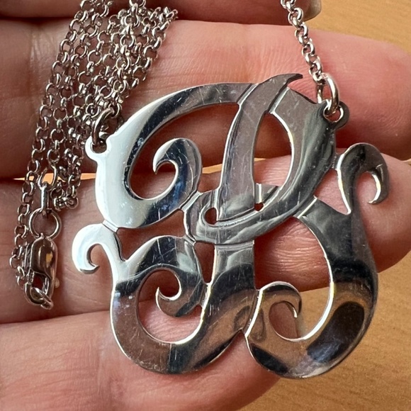 LARGE INITIAL LETTER B925 STERLING SILVER NECKLACE LARIAT PENDANT